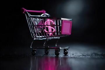 Shopping Cart with Gift Box and Neon Dollar Signs