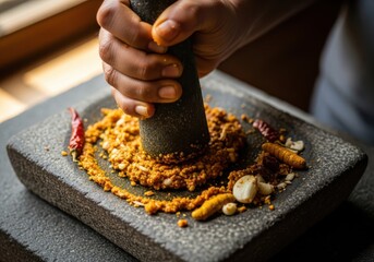 A hand using a stone mortar and pestle to grind spices and ingredients, creating a flavorful paste for cooking