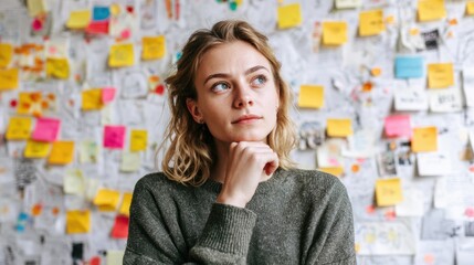 Young woman stands in front of a wall with colorful sticky notes