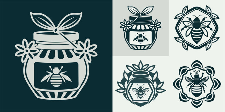 Collection of various honey jar and bee logo designs, perfect for branding and packaging.