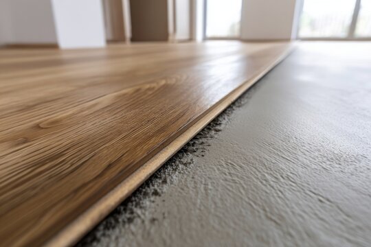 Close-up view of laminate flooring plank being laid onto a gray concrete subfloor during home renovation.
