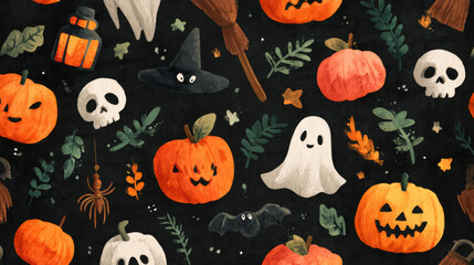Hand-drawn Halloween-themed illustrations of pumpkins, spiders, ghosts, jack-o'-lanterns, broomsticks, bats, skulls in a pattern on a dark background. Watercolor style. Generative AI