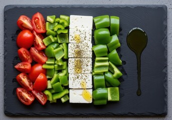 Fresh ingredients arranged like the italian flag cherry tomatoes, chopped green bell peppers, feta cheese, and olive oil on a dark slate