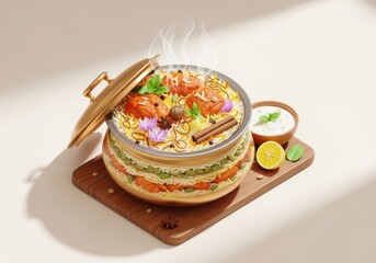 Steaming pot of delicious biryani, a flavorful indian rice dish, served with raita, lemon, and spices on a wooden board