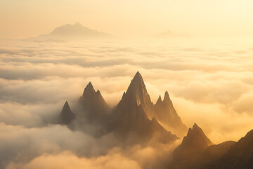 Mountain peaks emerging from clouds golden hour landscape nature photography scenic view travel destination