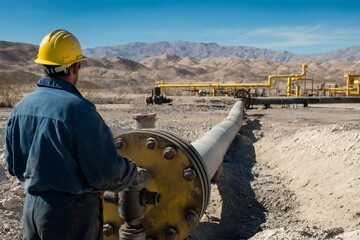 Worker in safety gear operating a valve on a large pipeline, transporting oil or gas in a desert industrial landscape