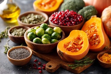 Assortment of raw vegetables, seeds, and spices in wooden bowls on a rustic table, healthy eating and seasonal food concept