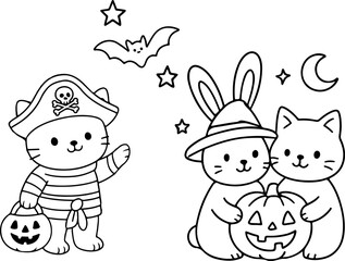 Cartoon Halloween cat in pirate costume and rabbit in witch hat. Vector holiday coloring book for kids and adults for stress relief. Preschool printable sheet with Halloween characters, pumpkin, bat