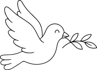 Cartoon dove bird coloring page. Vector christian coloring book for kids and adults for stress relief. Preschool printable sheet with cute pigeon with olive branch peace symbol