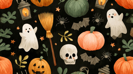 Hand-drawn Halloween-themed illustrations of pumpkins, spiders, ghosts, jack-o'-lanterns, broomsticks, bats, skulls in a pattern on a dark background. Watercolor style. Generative AI
