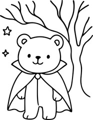Cartoon Halloween bear character in cloak coloring page. Preschool printable sheet with bear, tree and stars. Vector holiday colouring book for kids and adults for stress relief