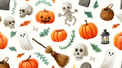 Hand-drawn Halloween-themed illustrations of pumpkins, skeletons, ghosts, broomsticks, skulls, tombstones in a pattern isolated on a white background. Watercolor style. Generative AI