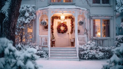 Charming snow-covered house decorated with Christmas wreath