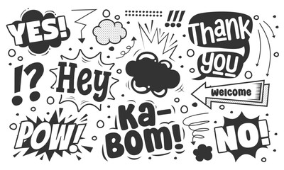 Comic book action words in pop art style. Black and white retro speech bubble expression