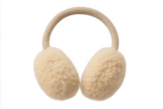 Beige fluffy earmuffs keeping ears warm in winter