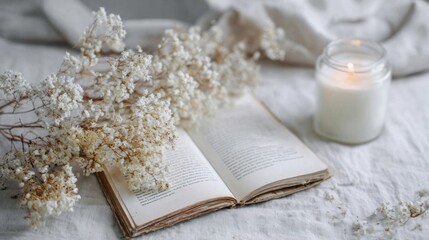 Open vintage book with delicate white flowers