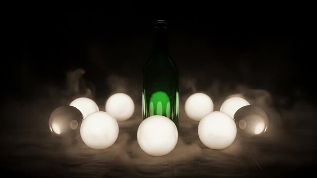 Green bottle surrounded by illuminated spheres in dark environment