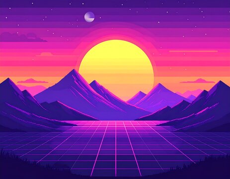 Retro futuristic landscape at sunset