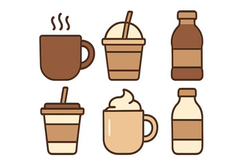 A charming set of cute cartoon coffee drinks and beverage containers in flat style