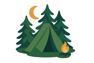 Cozy nighttime camping scene with a tent, pine trees, campfire, and crescent moon