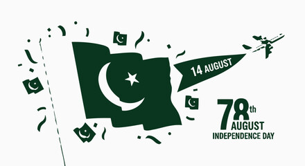Celebrating Pakistan's 78th Independence Day with Flags and Festive Airplane, Perfect for Patriotic Designs and National Holiday Greetings