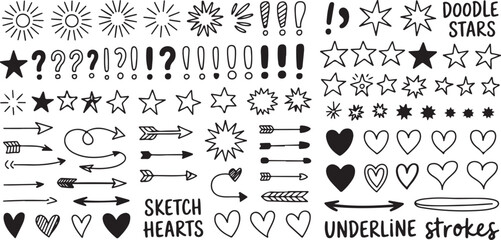 Collection of hand drawn sketchy stars arrows hearts and punctuation marks