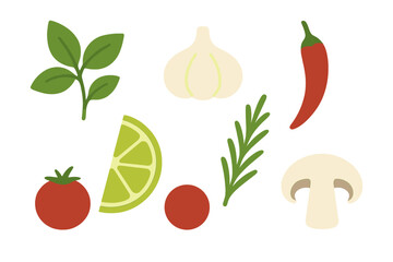 Assortment of fresh culinary ingredients basil garlic chili pepper tomato lime mushroom