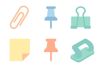 Set of essential office and stationery supplies including paper clip, push pins, binder clip, sticky note, and hole punch
