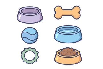 Essential dog accessories and supplies including feeding bowls, water dish, bone, and play toys