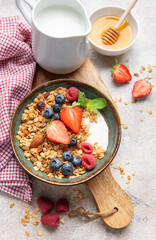 Healthy breakfast granola bowl with fresh berries