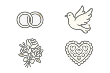 Collection of wedding and romance symbols including interlocking rings, flying dove, rose bouquet, and ornate heart