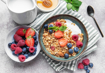 Granola bowl with yogurt, berries, and mint for breakfast