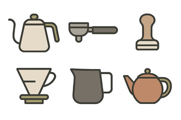 Essential coffee brewing and tea preparation equipment icons in modern flat style