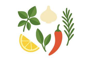 Flat design set of fresh cooking herbs, spices, and citrus fruit including basil, garlic, rosemary, and lemon