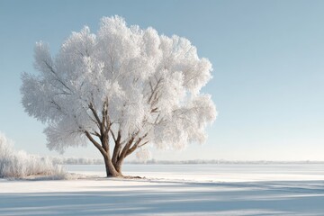 Snow-covered tree in winter landscape under clear blue sky in daylight. White Winter Wonderland Tree, concept of winter holiday celebration. Concept of peaceful winter nature.