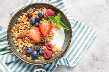 Granola bowl with yogurt, berries, and mint