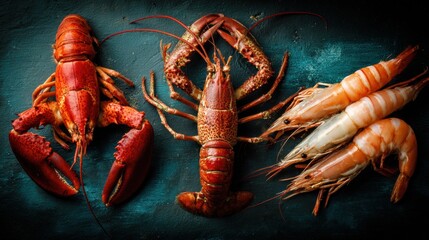 Fresh lobsters and shrimps served on dark slate