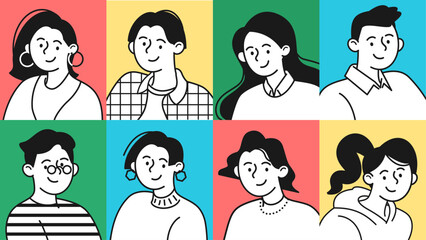 Minimal line art portraits of Gen Z people reflecting new generation creativity and positivity