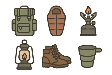 Set of essential outdoor adventure gear icons backpack sleeping bag lantern and camping stove