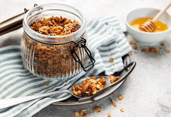 Homemade granola cereal with oats nuts and dried fruits