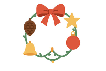 Traditional Christmas wreath with red bow, pinecone, star, bell, and round ornament