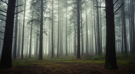 Fototapeta premium Misty Pine Forest with Ethereal Fog and Green Mossy Undergrowth