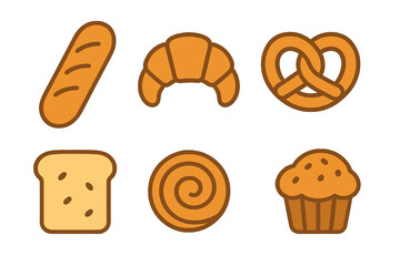 Simple graphic icons set featuring popular bakery items like croissant pretzel and muffin