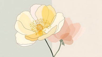 Delicate floral artwork showcasing a singular flower in warm tones with a contrasting soft shadow, presenting a modern design with a blend of watercolor and linear techniques against a pastel...
