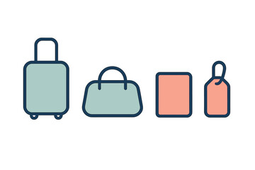 Minimalist travel luggage icons set including suitcase, carry-on bag, and identification tags