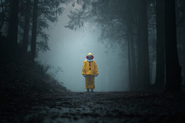 Scary evil clown wear jacket standing on dark foggy forest path way, Halloween mystery concept