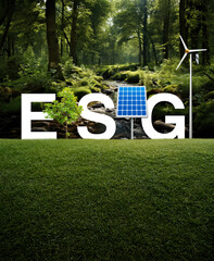 ESG white letter with solar cell, wind turbine and growing tree on green grass field over rill and forest in spring, Environmental Social Corporate Governance concept