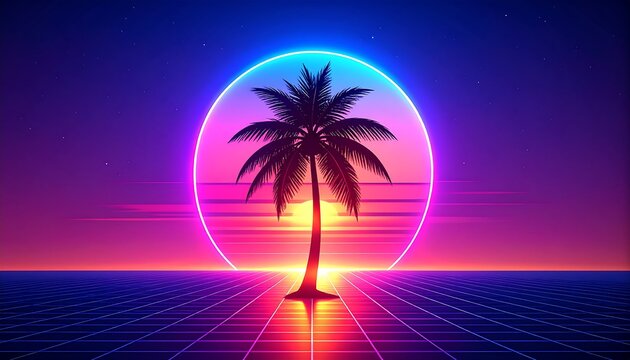 Retro futuristic palm tree landscape