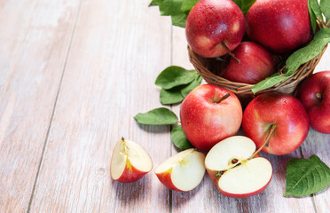 Healthy red apples harvest on rustic wood table