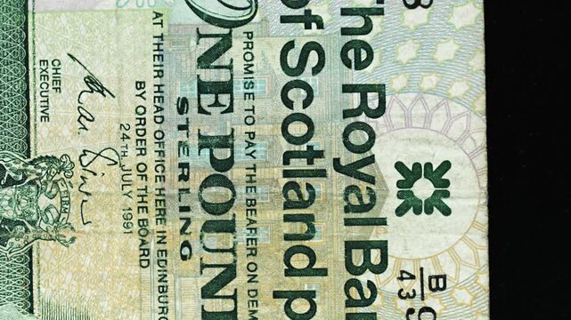 Royal Bank of Scotland one pound banknote obverse with text detail rotating on black background